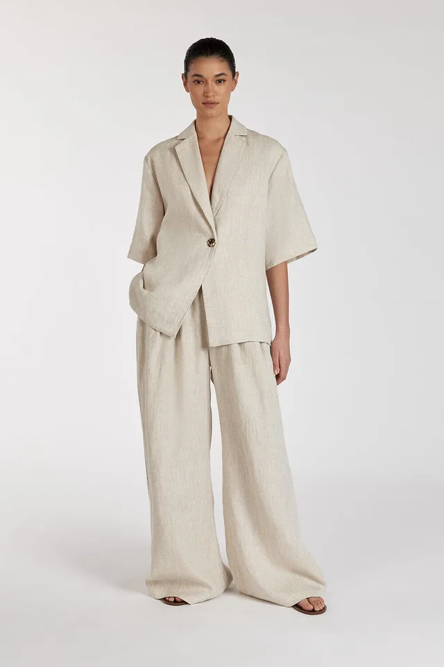 Linen Commuter Lapel Half Sleeve Cardigan Top Loose Wide Leg Pants Two piece Set Khaki - Shop at LoveMi