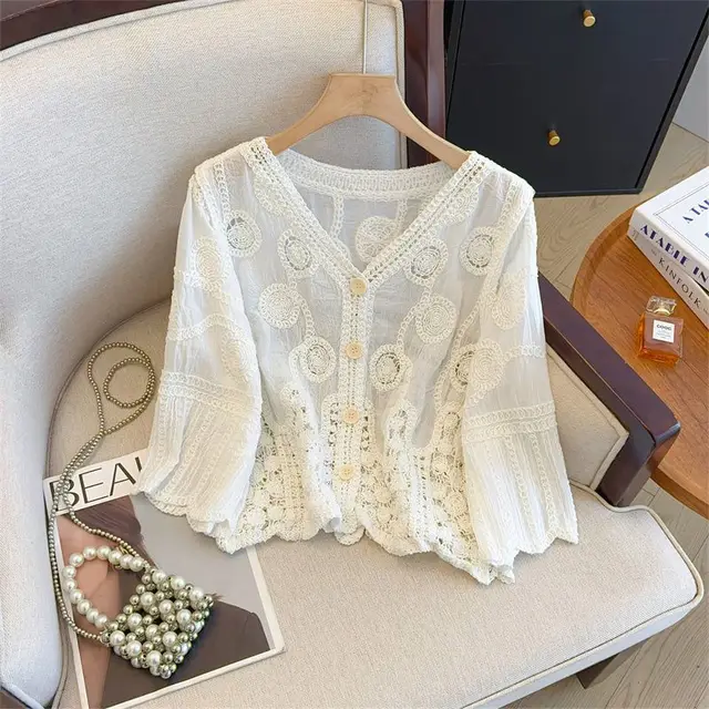 French Crochet Hollowed out V neck Lace Sweater White - Shop at LoveMi
