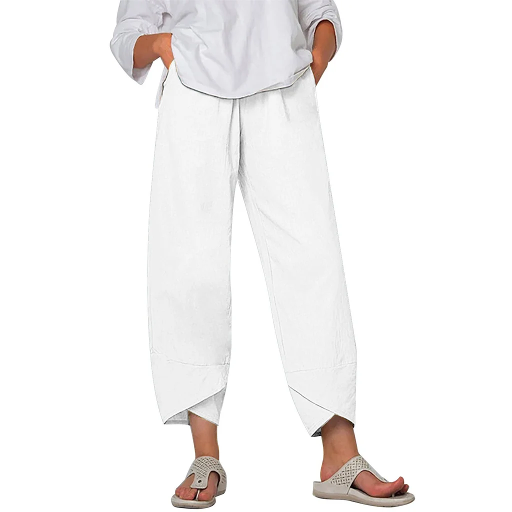 Solid Color Plus Size Women's Simple Loose Casual Cropped Pants - White