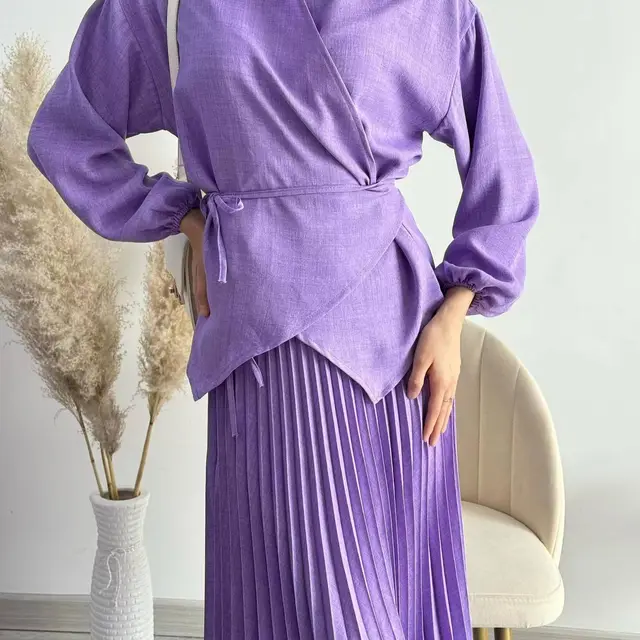 New Women's Muslim Style Elegant Fashion Pleated Skirt Tied Top Purple - Shop at LoveMi