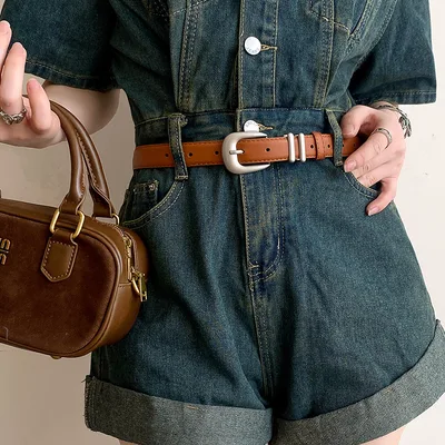 Minimalist Silver Buckle Crescent Thin Belt Caramel Color - Shop at LoveMi