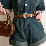 Minimalist Silver Buckle Crescent Thin Belt - Caramel Color - View 1