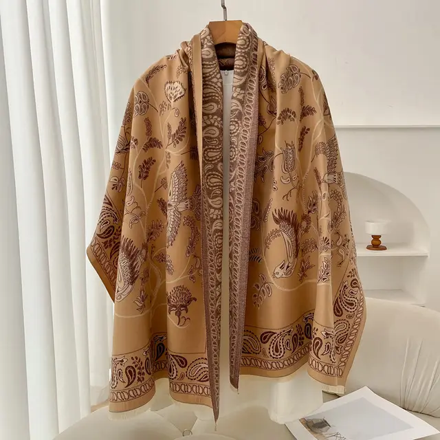 Retro High Sense Artificial Cashmere Scarf Bird National Style Camel - Shop at LoveMi