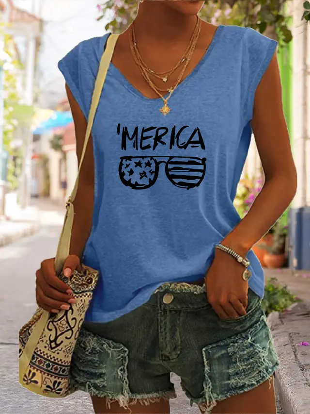 Summer Casual Top Women's Glasses Flag Letters Blue - Shop at LoveMi