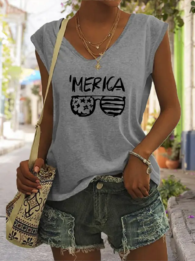 Summer Casual Top Women's Glasses Flag Letters Gray - Shop at LoveMi