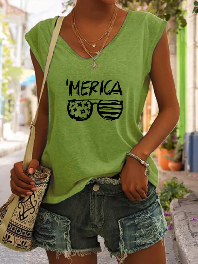 Summer Casual Top Women's Glasses Flag Letters Green - Shop at LoveMi