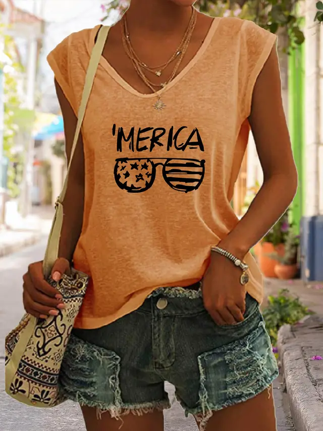 Summer Casual Top Women's Glasses Flag Letters Orange - Shop at LoveMi