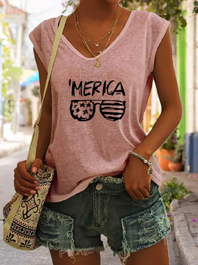 Summer Casual Top Women's Glasses Flag Letters Pink - Shop at LoveMi