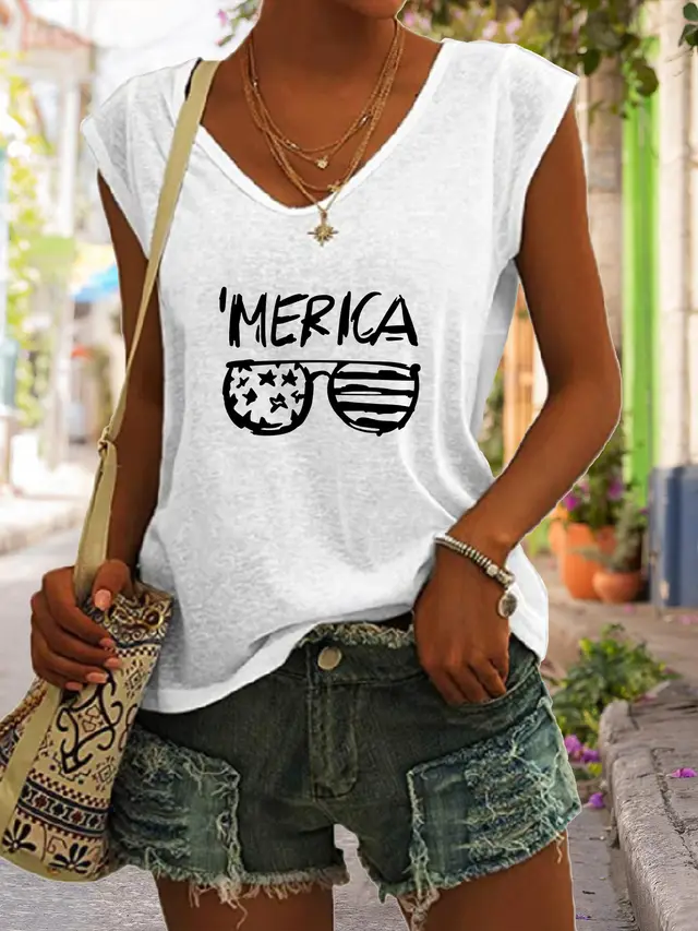 Summer Casual Top Women's Glasses Flag Letters White - Shop at LoveMi