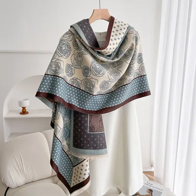 Warm Scarf Fashionable Outerwear Sweet Cute Double sided Shawl Polka Dot Camellia Blue Coffee - Shop at LoveMi