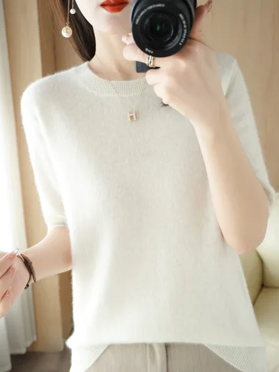 Knitted Short Sleeve Loose T shirt Inner Wear Sweater Non cashmere Bottoming Shirt Beige - Shop at LoveMi