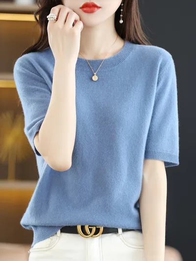Knitted Short Sleeve Loose T shirt Inner Wear Sweater Non cashmere Bottoming Shirt Haze Blue - Shop at LoveMi