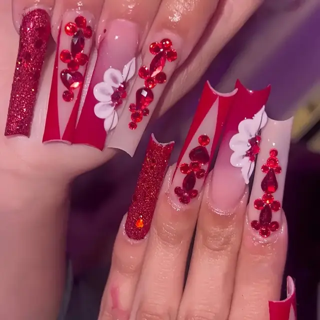 Sweet Flowers Temperament Prismatic Red Diamond Removable Fake Nails My069 - Shop at LoveMi