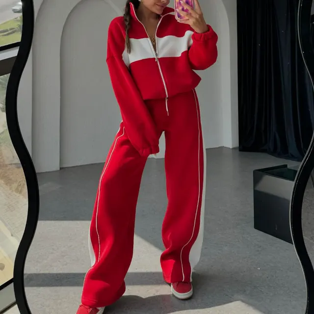 Women's Casual Advanced Contrast Color Comfortable Loose Sweater Pants Suit Red - Shop at LoveMi