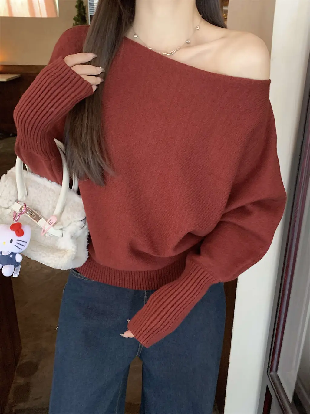 Lazy Off-neck Sweater Bottoming Shirt Women - Angora Red