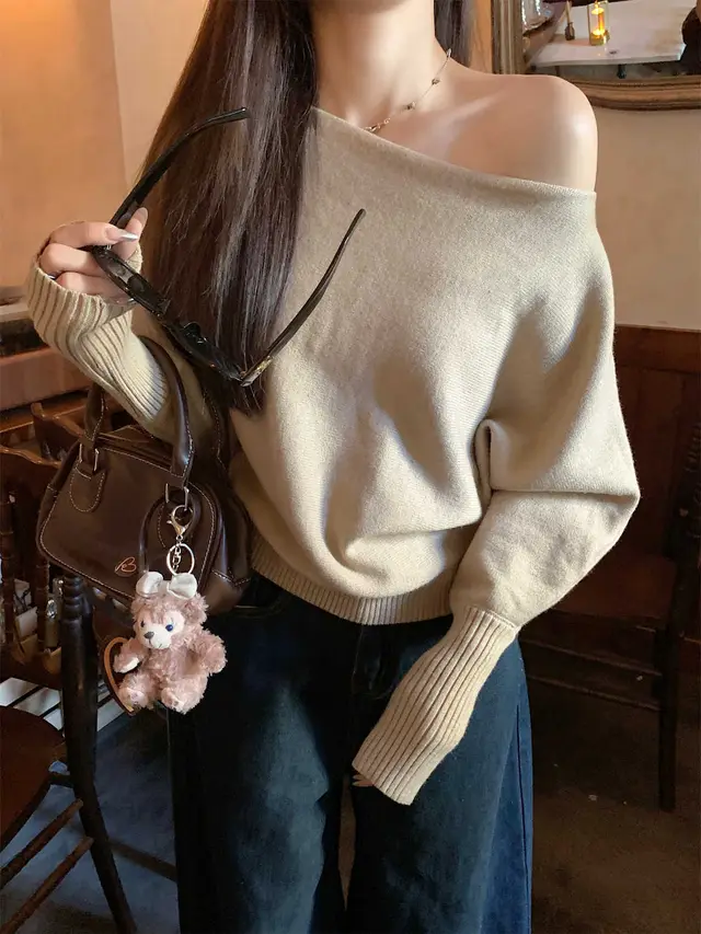 Lazy Off neck Sweater Bottoming Shirt Women Khaki - Shop at LoveMi
