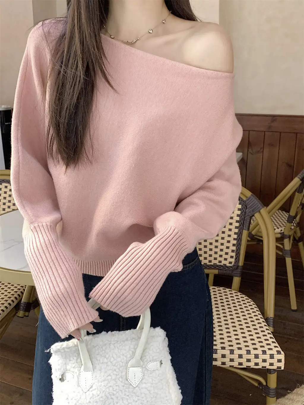 Lazy Off-neck Sweater Bottoming Shirt Women - Pink