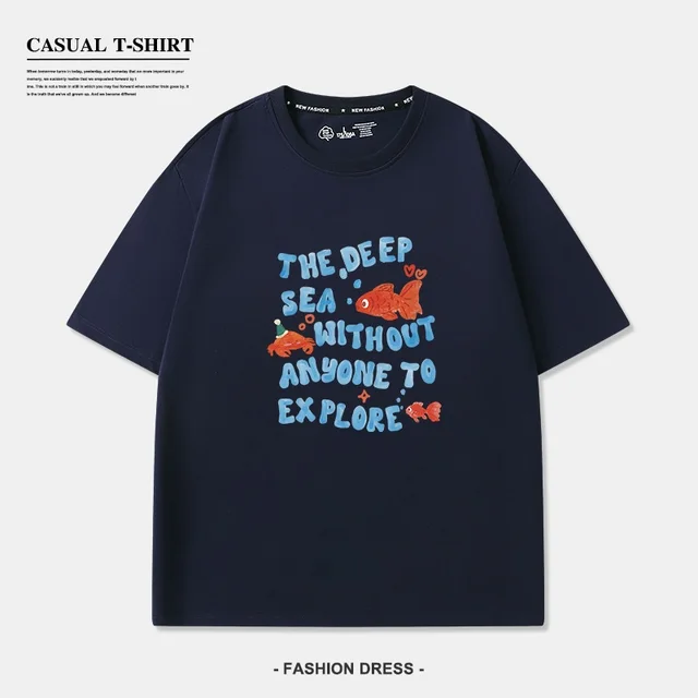 Cute Goldfish Printed Short Sleeve White Cotton T shirt Navy Blue - Shop at LoveMi