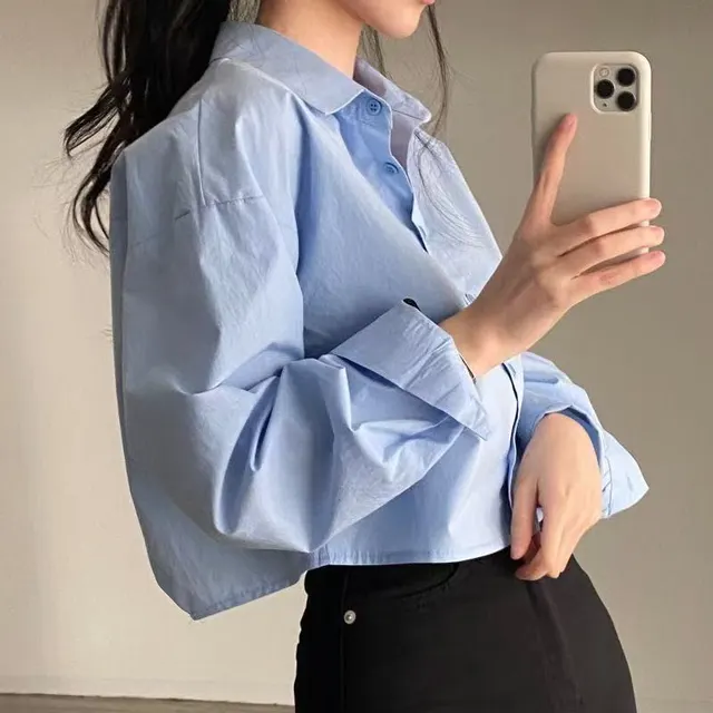 White French Sweet And Spicy Design Sense Niche Back Slit Loose Lapels Short Long Sleeve Blue - Shop at LoveMi