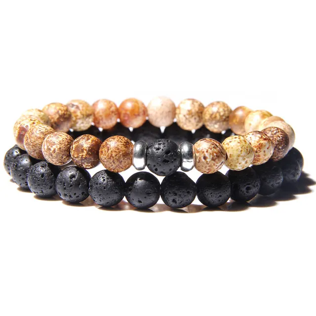 Natural Stone Beaded Bracelet 2 Piece Set Couple 8Mm Picture Volcanic Rock - Shop at LoveMi