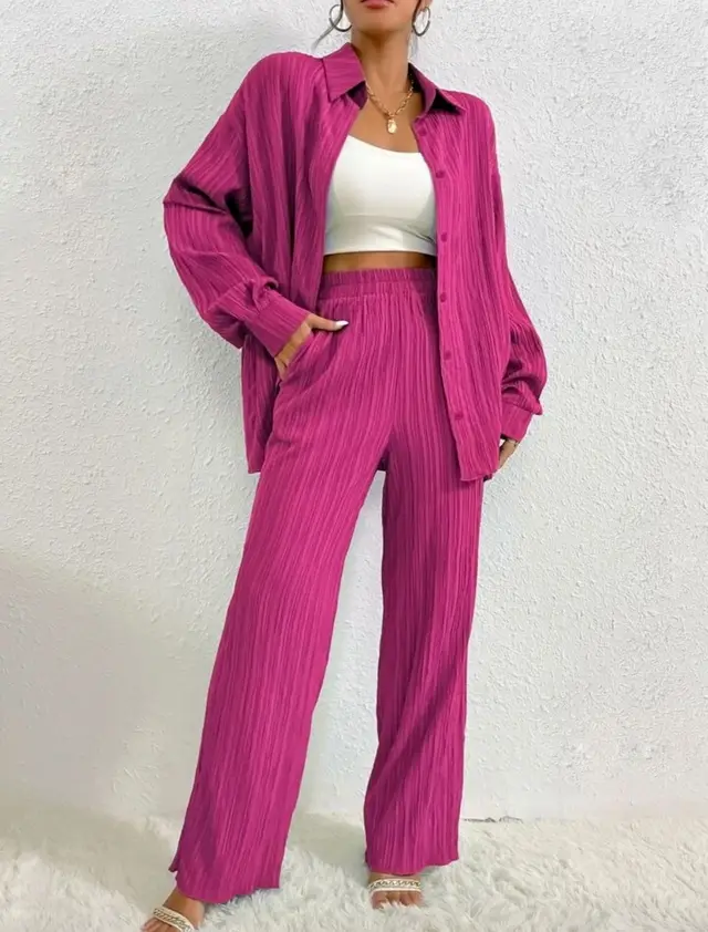 European And American Women's Clothing Solid Color Loose Drooping Smooth Pleated Casual Two piece Suit Rose Red - Shop at LoveMi