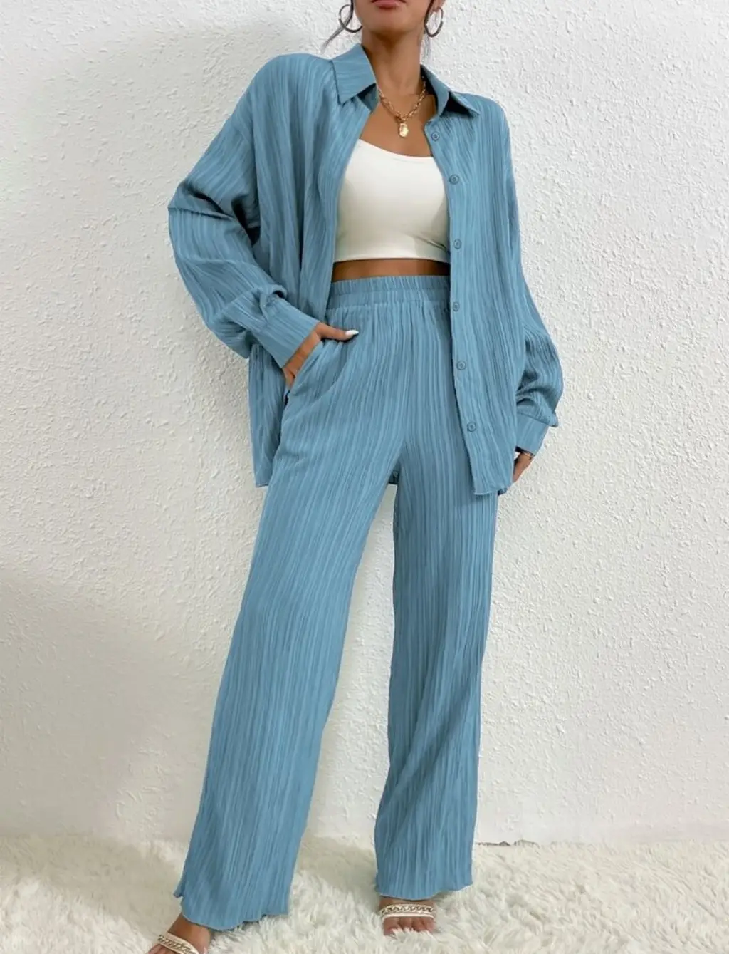 European And American Women's Clothing Solid Color Loose Drooping Smooth Pleated Casual Two-piece Suit - Sky Blue