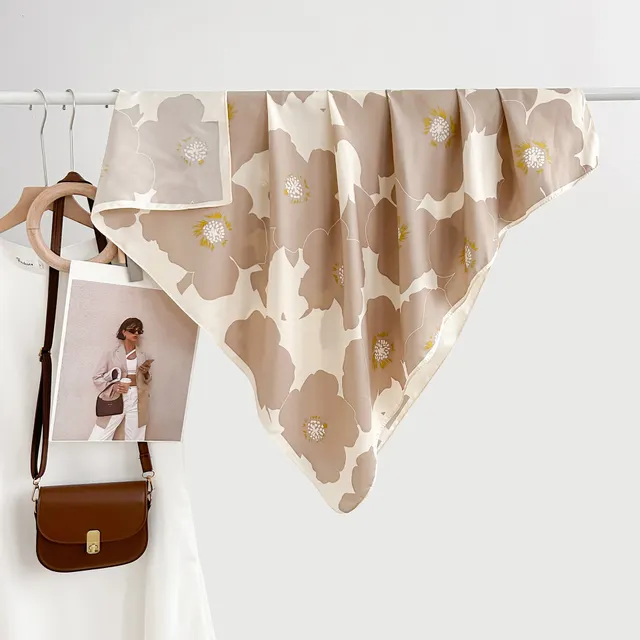 Design Floral Printed Square Scarf Women's Artistic Style Retro Light Brown White - Shop at LoveMi