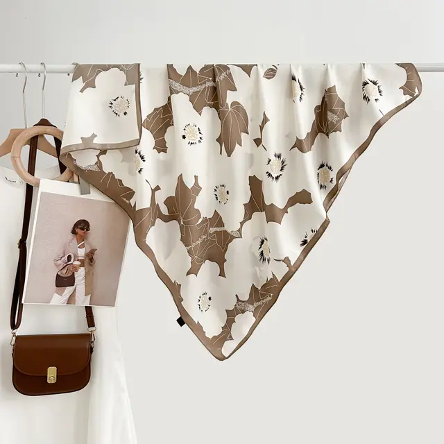Design Floral Printed Square Scarf Women's Artistic Style Retro White Flower Light Coffee - Shop at LoveMi