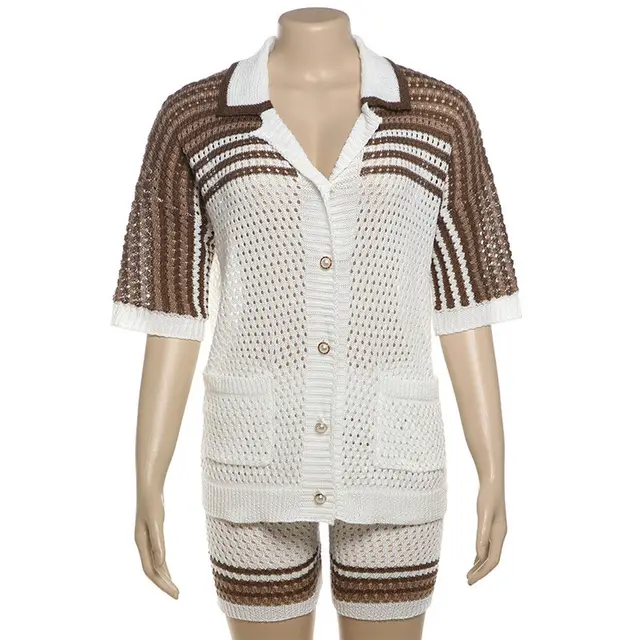 Summer Fashion Hollowed out Polo Collar Top High Waist Shorts Knit Casual Suit Brown - Shop at LoveMi
