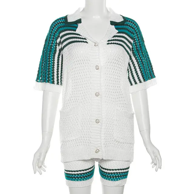 Summer Fashion Hollowed out Polo Collar Top High Waist Shorts Knit Casual Suit Green - Shop at LoveMi