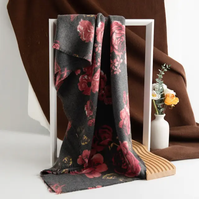 Cashmere like Tassel Shawl Rose Print Cold proof Warm Scarf Spring Swallow Rose Dark Gray - Shop at LoveMi