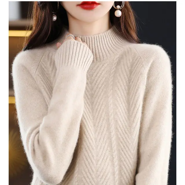 Half Turtleneck Thick Loose Pullover Women's Sweater Apricot - Shop at LoveMi
