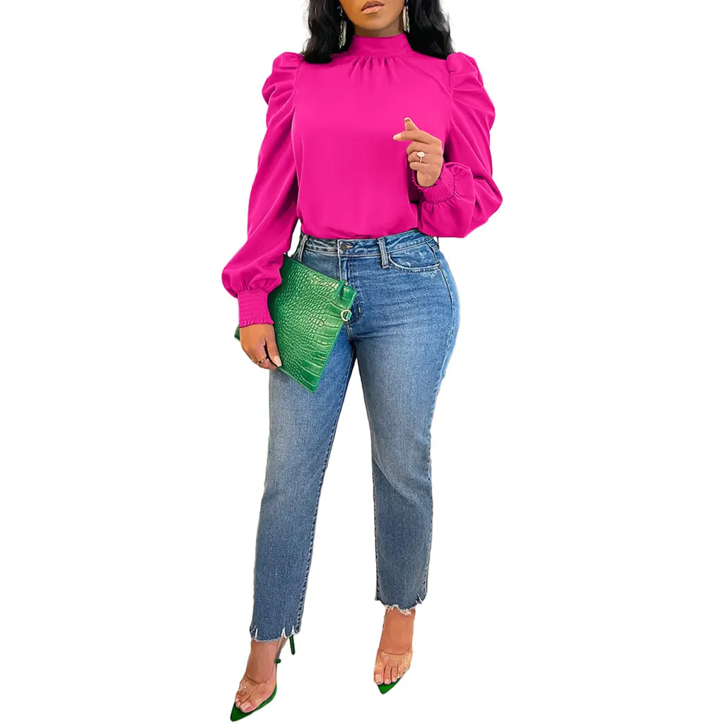 Stand Collar Puff Sleeve Back Lace-up Top - Rose Red