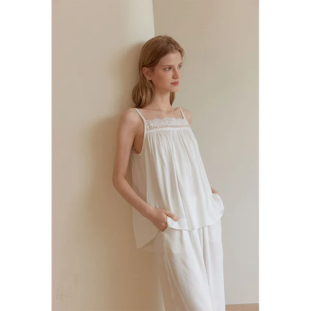 Rayon Satin Pure Desire Pajamas White Suit Lace Loose Comfortable Suspender Trousers Streamer White - Shop at LoveMi