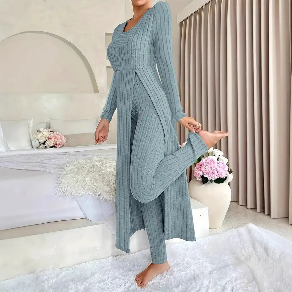 Crew Neck Split Long Sleeve Two-piece Set - Military Uniform Blue