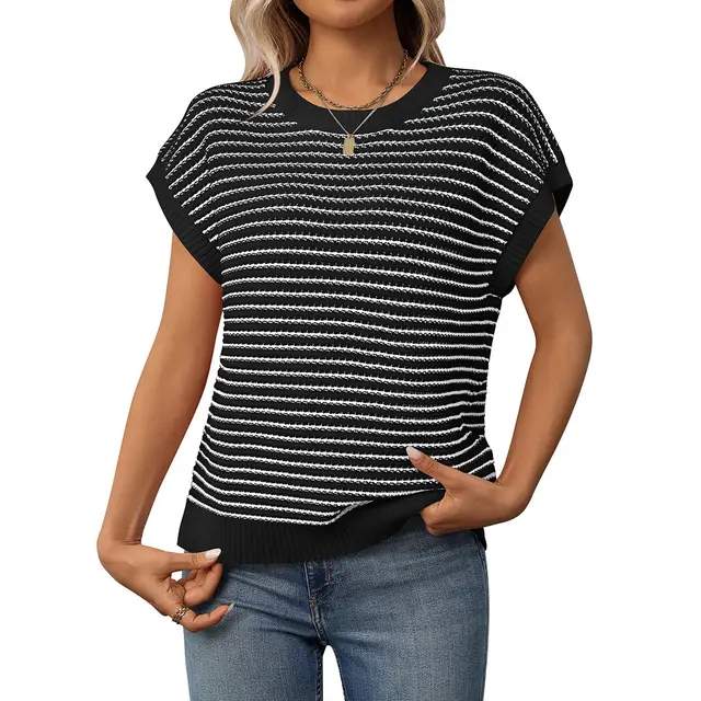 New Round Neck Knitted Top Casual Striped Contrast Color Sweater Black - Shop at LoveMi