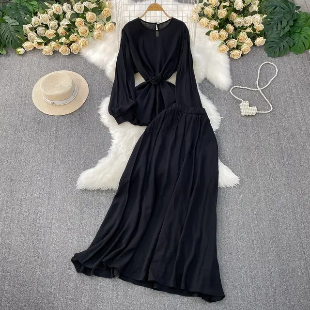 French Style Women's Temperament Twinset Design Sense Lace up Waist controlled Fashionable Long Sleeve Black - Shop at LoveMi