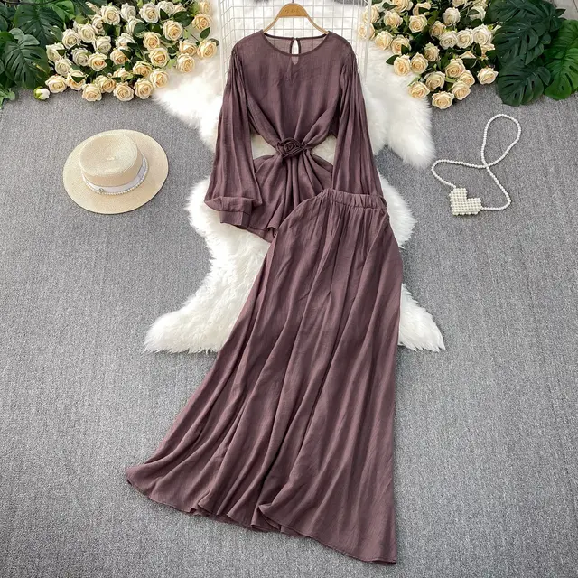 French Style Women's Temperament Twinset Design Sense Lace up Waist controlled Fashionable Long Sleeve Dark Purple - Shop at LoveMi