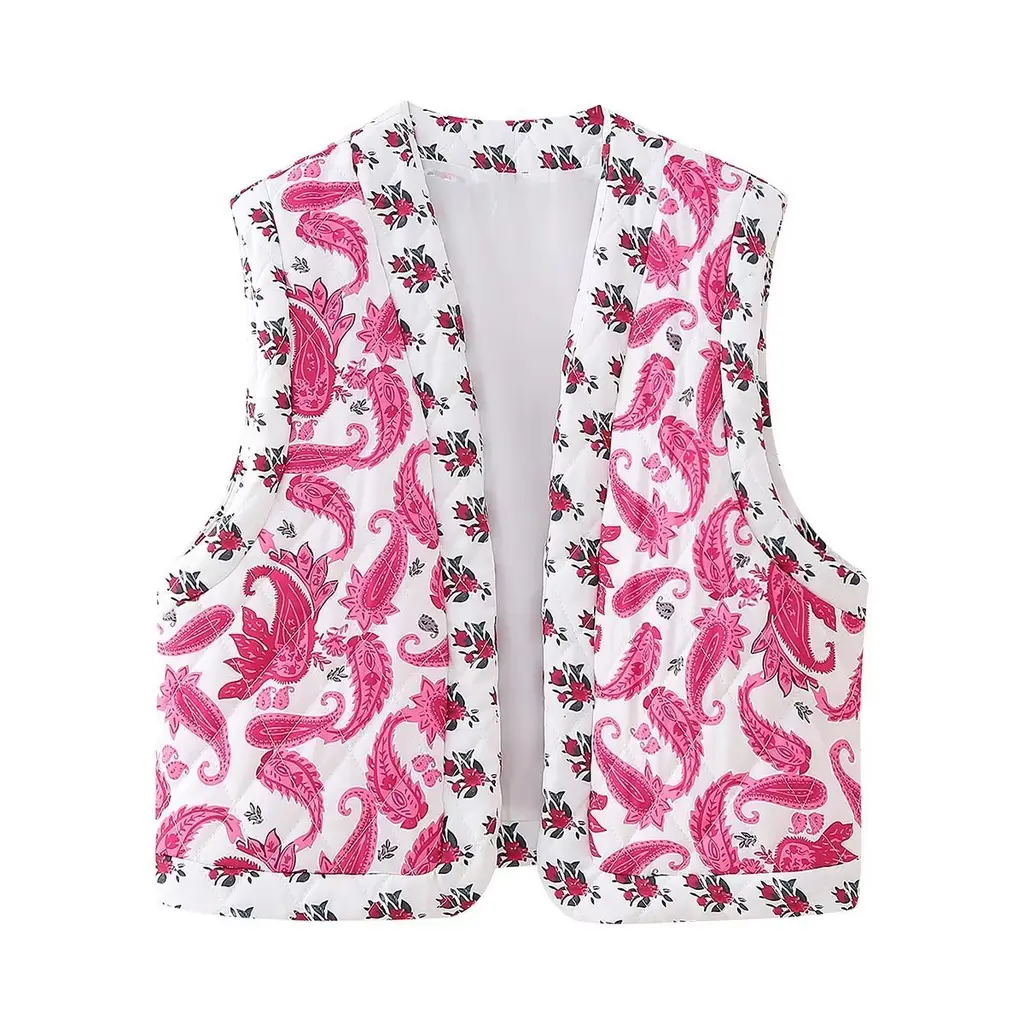 Women's Street Printing Quilted Cotton Stitching Vest Coat - Floral Pattern - View 1