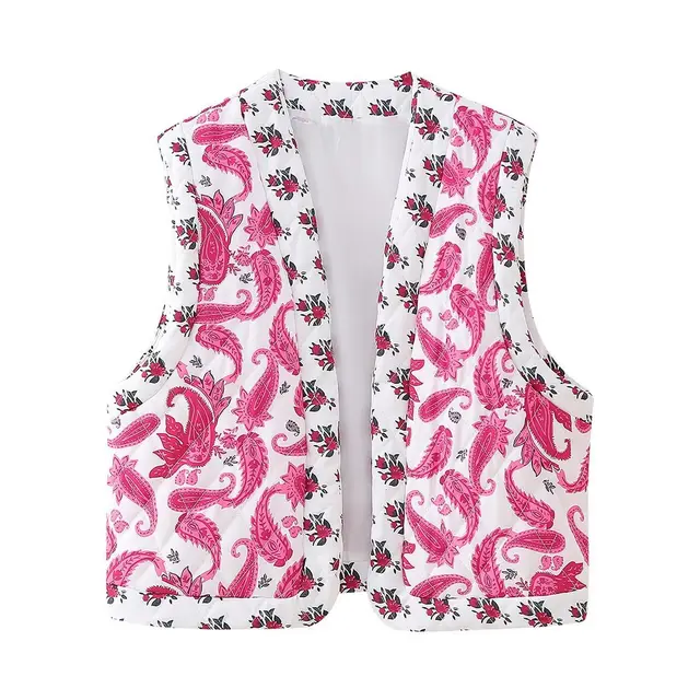 Women's Street Printing Quilted Cotton Stitching Vest Coat Floral Pattern - Shop at LoveMi