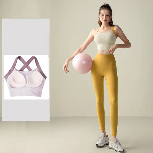 Training Fixed Cup Shockproof Sports Bra Dynamic Yellow Pants Set - Shop at LoveMi