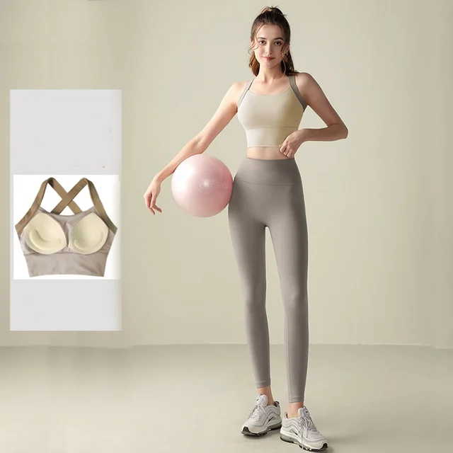 Training Fixed Cup Shockproof Sports Bra Light Khaki Pants Set - Shop at LoveMi