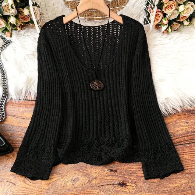 Hollow out Spring And Summer Long Sleeves Knitted V neck Plus Size Women's Long sleeved Sweater Black - Shop at LoveMi