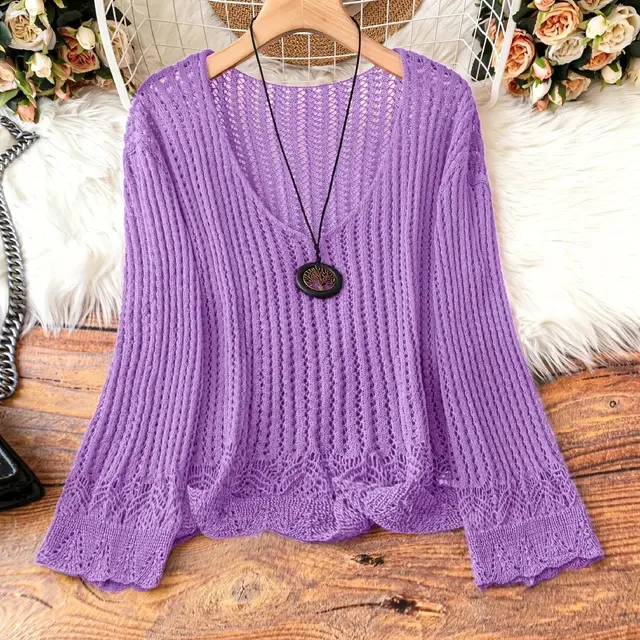 Hollow out Spring And Summer Long Sleeves Knitted V neck Plus Size Women's Long sleeved Sweater Violet - Shop at LoveMi