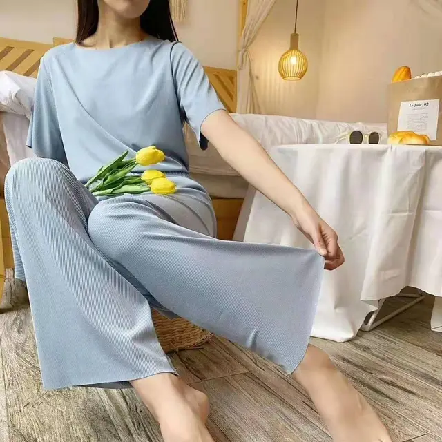 Pajamas Casual Soft Thin Suit Fashion Home Wear Two piece Set Blue - Shop at LoveMi
