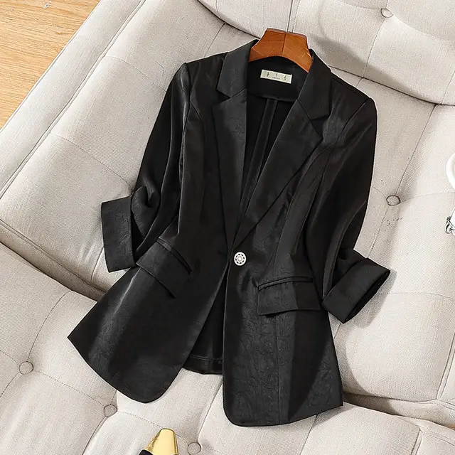 Satin Suit Jacket For Women Spring And Summer Elegant High Sense Small Casual Suit Top Black - Shop at LoveMi