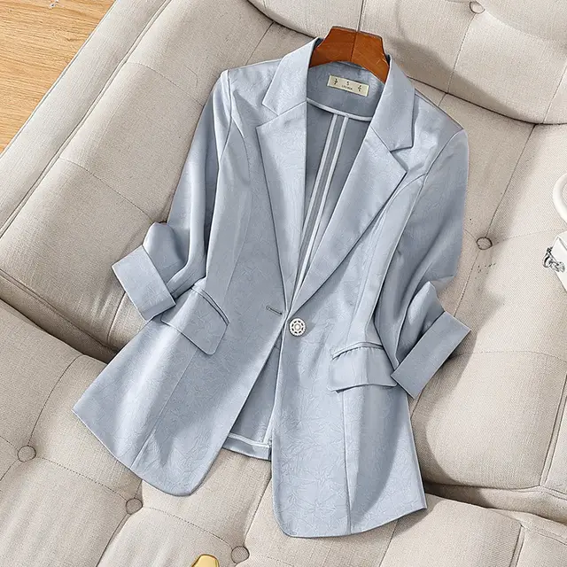 Satin Suit Jacket For Women Spring And Summer Elegant High Sense Small Casual Suit Top Light Blue - Shop at LoveMi