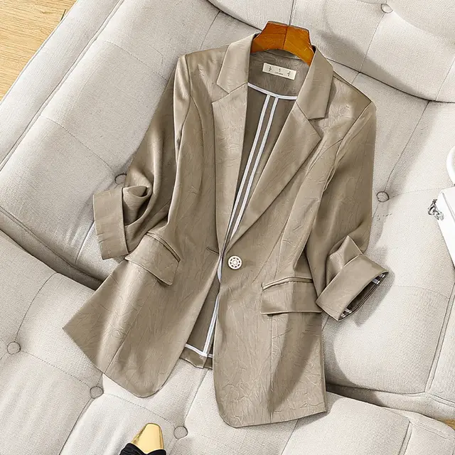 Satin Suit Jacket For Women Spring And Summer Elegant High Sense Small Casual Suit Top Light Coffee Color - Shop at LoveMi