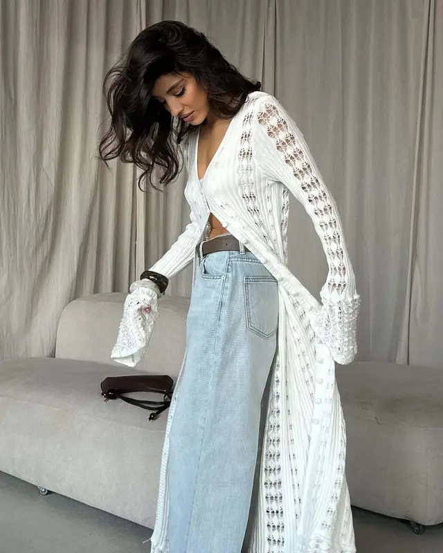 European And American Hollow Knitted Cardigan Bandage Dress Solid Color Long Sleeve V neck Solid Color Top White - Shop at LoveMi