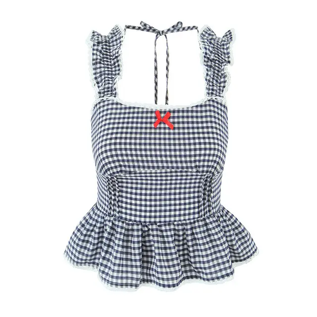 Sweet Style Color contrast Check Short Camisole Gray - Shop at LoveMi